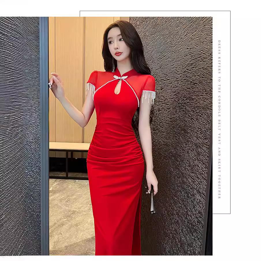 Evening dress women's new high-end modified cheongsam dress hip-wrapped split sexy tight dress summer