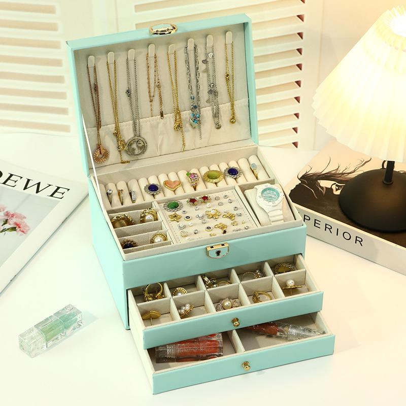 Luxury Layered Leather Jewelry Box - Large Capacity, Multi-Drawer Storage for Necklaces and Earrings