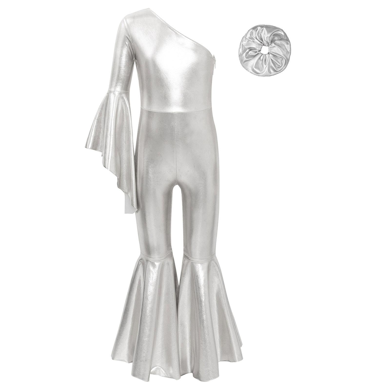 

Дівчачий блискучий костюм для танців кльош, модний комбінезон на одне плече з рукавом-кльош, пов язка для волосся, головний убір для виступів 9-10 Years срібний
