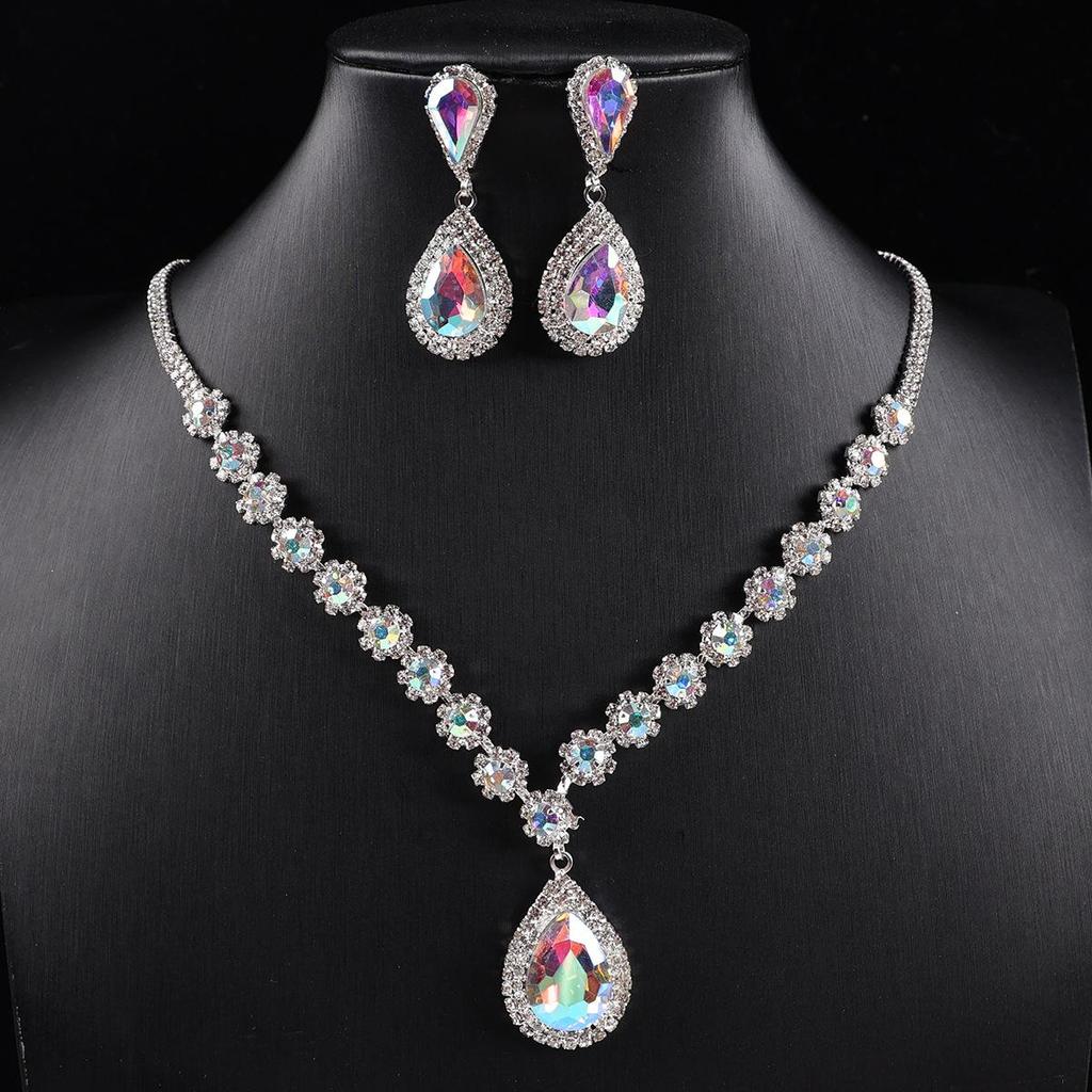 Multicolor Waterdrop Crystal Necklace & Earring Set for Brides