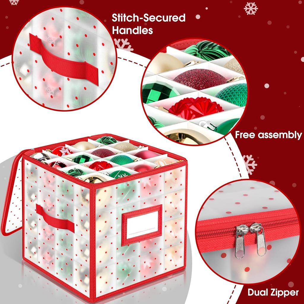 Christmas Ornament Storage Box with Adjustable Dividers, Store Up To 64 Christmas Ornaments,Plastic Xmas Box with Zipper Closure
