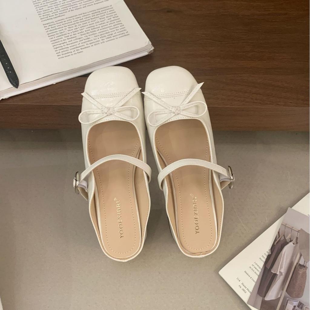 2025 autumn and winter new round head bow with thick middle heel outer wear OL Mary Jane women's half drag