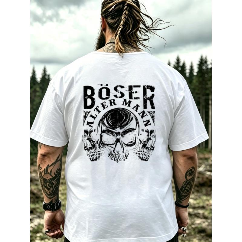 Black T Shirt With Skull And Boser Alter Mann Print For Men Outdoor Adventure And Casual Wear, PLUS SIZE