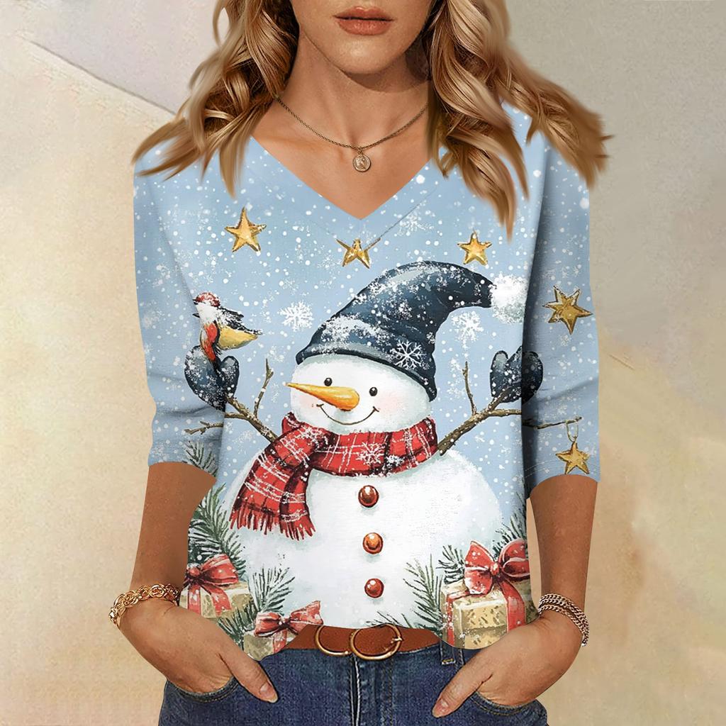 Women's Fashion Casual V Neck 3/4 Sleeve Loose  Printed T-Shirt Ladies Top