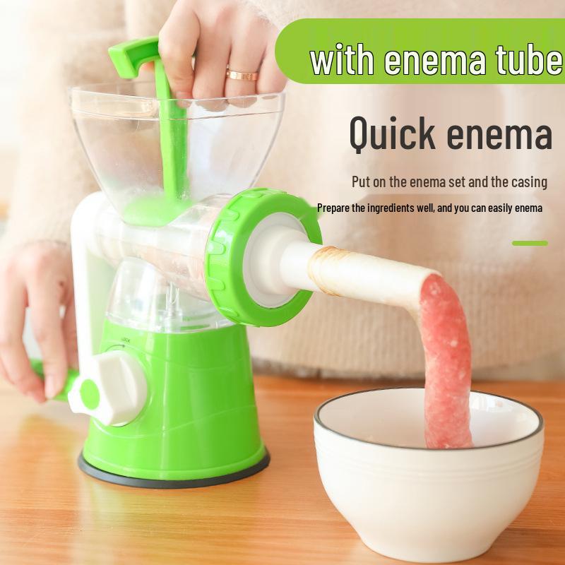 Manual Kitchen Tool: Hand-Cranked Meat Grinder, Vegetable Cutter, Sausage Stuffer, and Garlic Press.