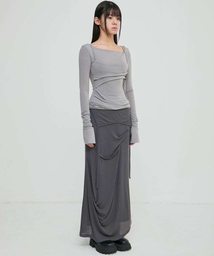 Peulleeoeob Asymmetrical Draped Long Skirt (Fl-263_Dark Gray)