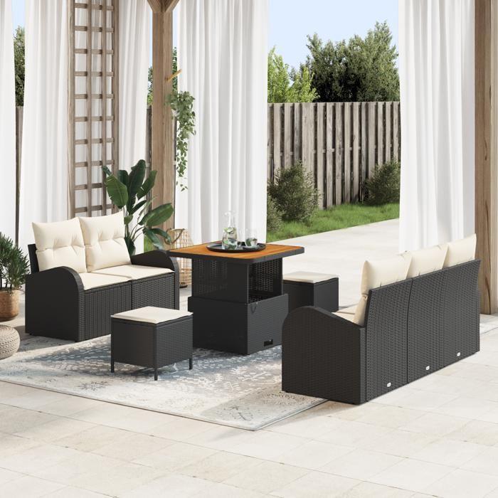 Ensemble de Canapé de Jardin 8 Pièces Noir Rattan Poly Acacia vidaXL, Canapé de Jardin 2 Places Noir Rattan Poly vidaXL364285