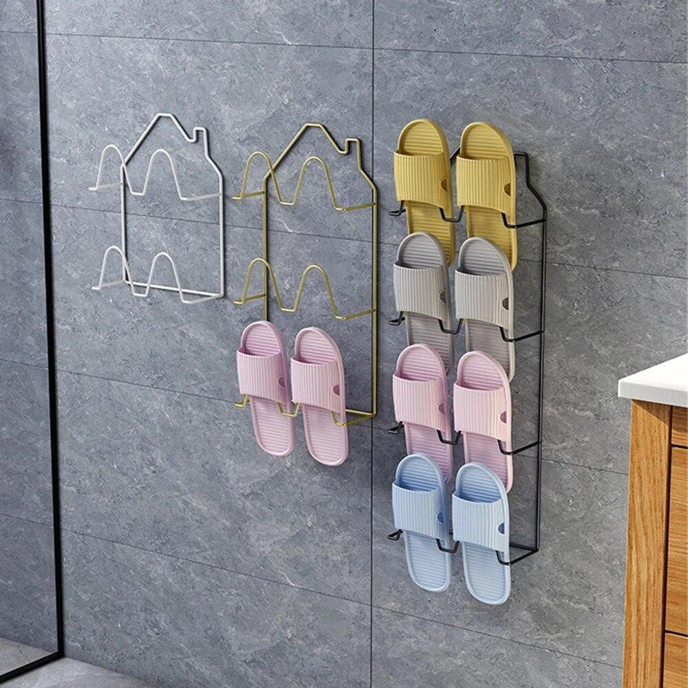 Porte-pantoufles de salle de bain auto-adhésif sans poinçon, support mural pour serviettes, gain de place, porte murale de toilette, étagère de rangement pour chaussures de maison