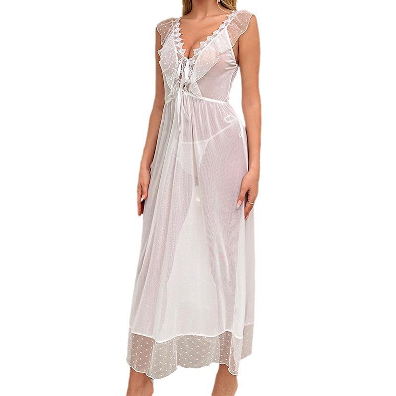 European and American Sexy Polka Dot Nightdress Princess Style Long Dress Summer Women's Mesh Private Room Backless Sex Underwear