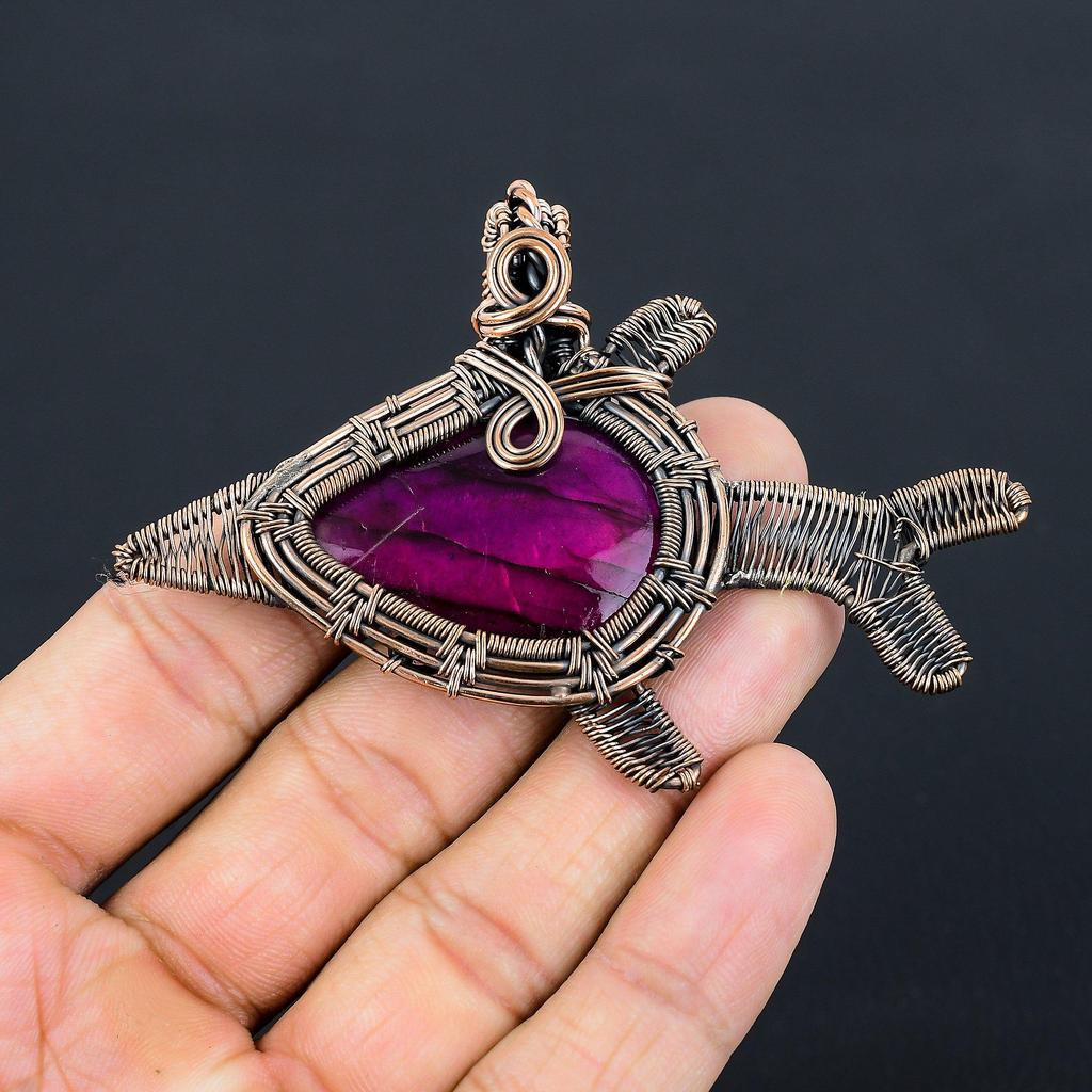 Amazing Pink Flash Labradorite Gemstone Handmade Pure Copper Wire Wrapped Fish Pendant Jewelry