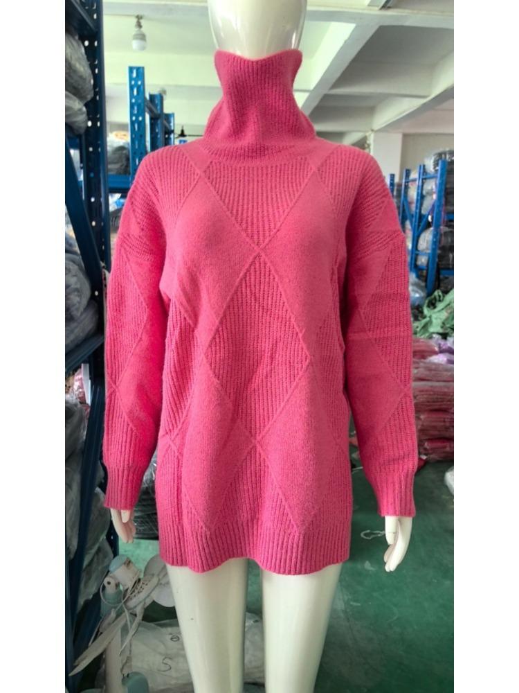 Pullover Loose Elegant Commuter Knitwear Solid Colour High Neck Diamond Pattern Fashion Sweater for Women Luxurious Relaxed-fit Slimming Versatile Top