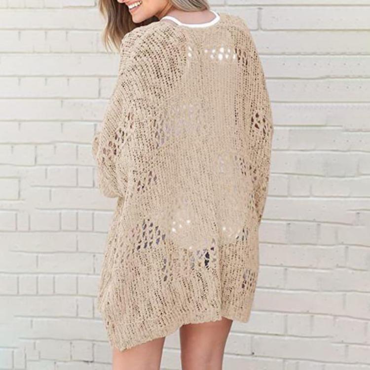 Spring Autumn Women Knitwear Hollow Out Loose Knitted Coat Pure Color Cardigan Long Sleeve Elastic Jacket Mid Length