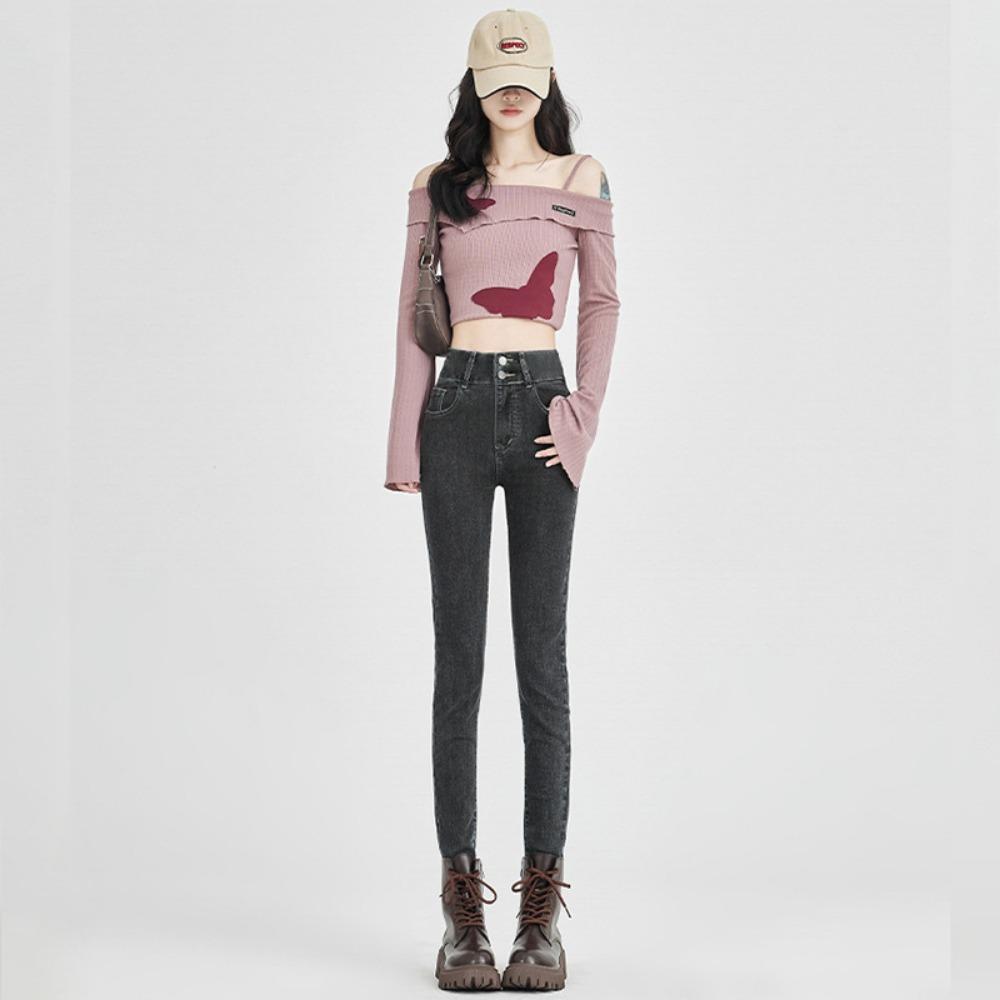 Skinny jeans med dubbelknäppning, smala och tunna, nya högmidjade elastiska smalfotade pennbyxor höst och vinter 2025