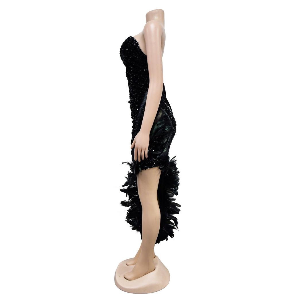C6713 Women's Fashion Solid Color Backless Sequin Feather Bandeau Dress