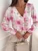 Elegantes Damen V-Ausschnitt Langarm Print Hemd