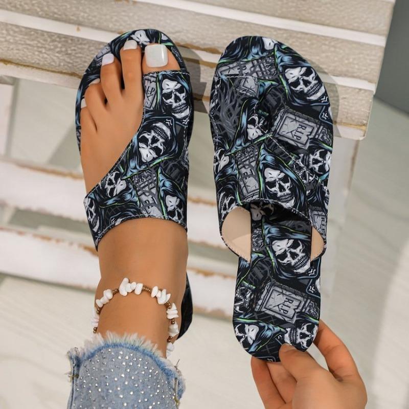 Large size cool slippers women's  summer new flat bottom printing set toe style flat heel