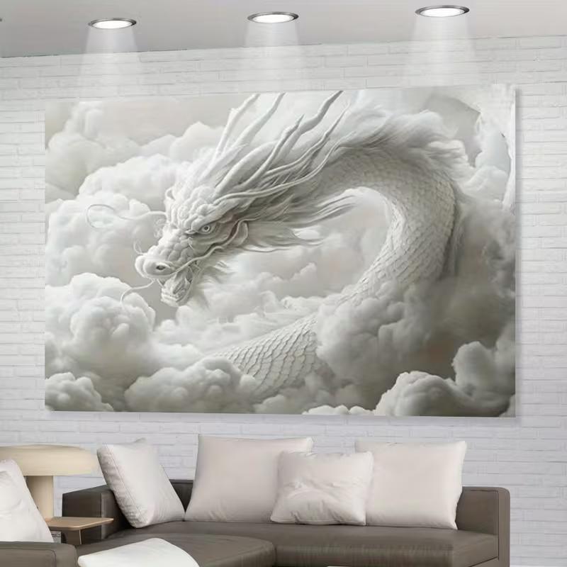 2D Majestätischer Chinesischer Drache Wandteppich Weiße Wolken Mystischer Wandhintergrund