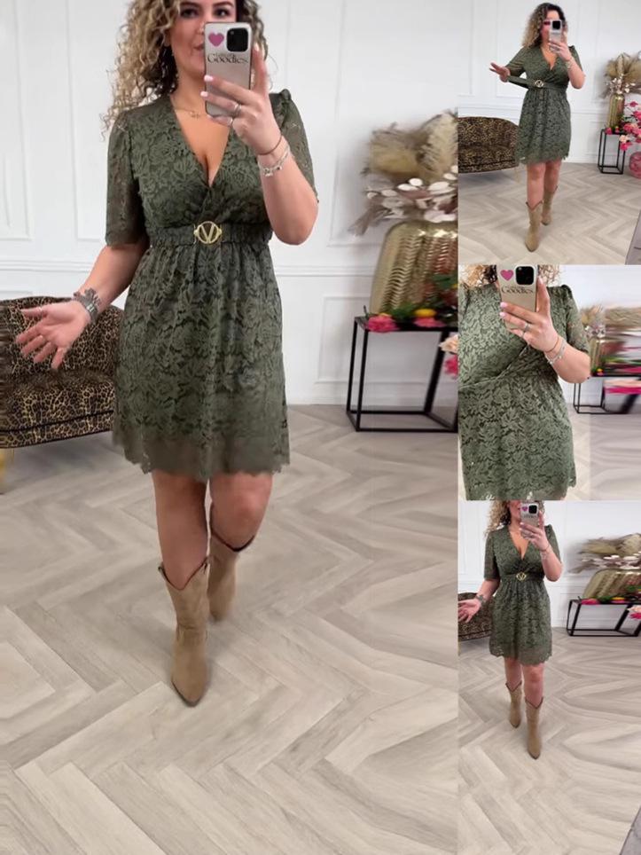 Women's 2025 European & American V-Neck Lace Petal Midi Dress with Waistband, Short-Sleeved, New Style Fashion.