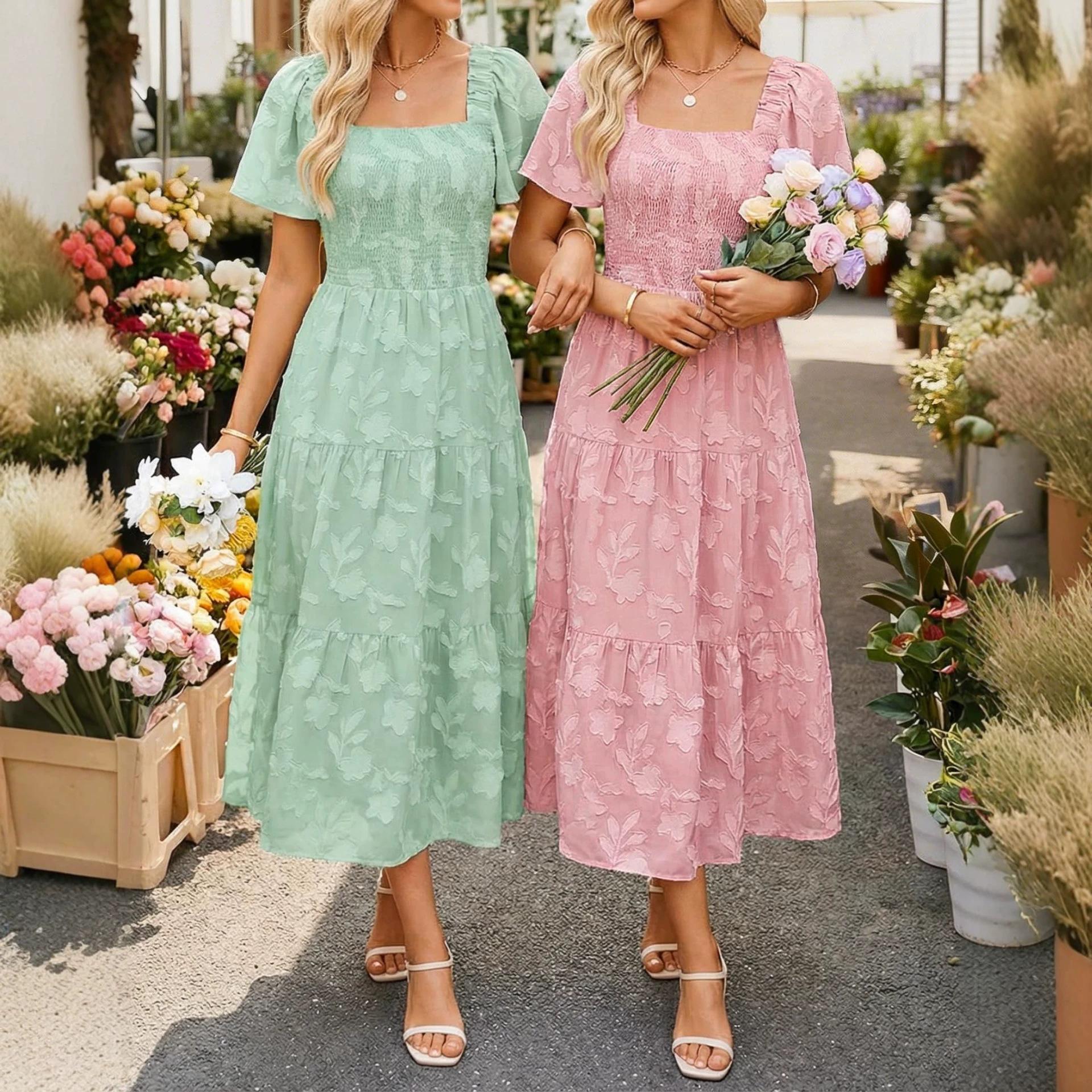 New TikTok Temu Women s Dress Amazon Popular Square Neck Bohemian Floral Medium Long Short Sleeve Dress S розовый