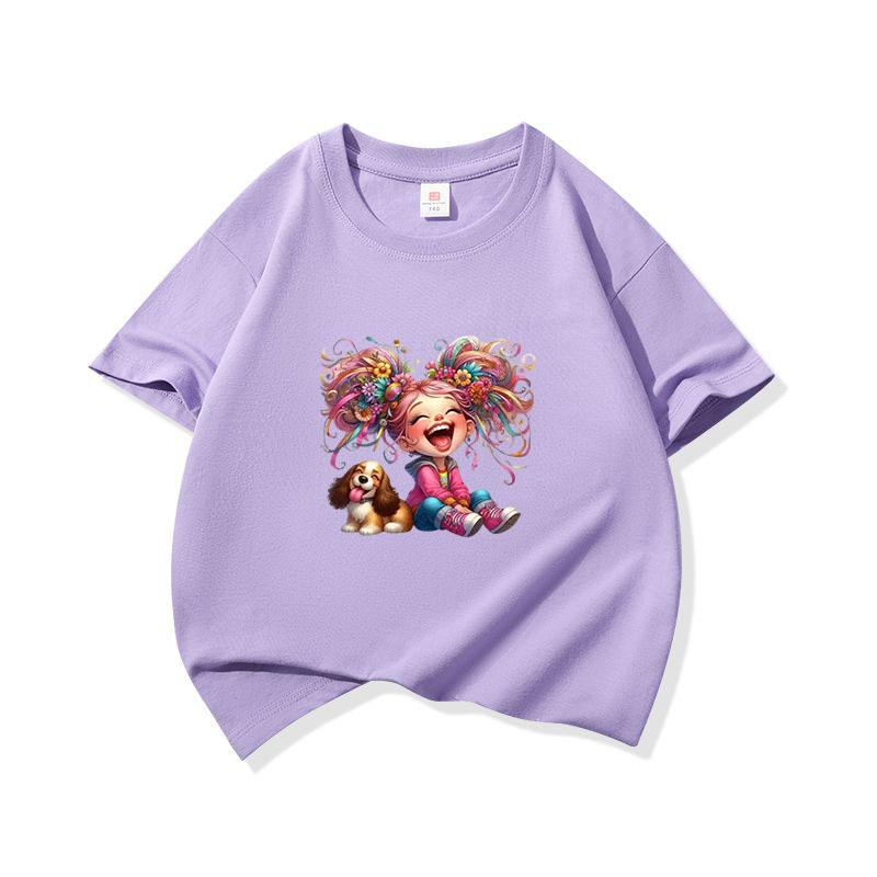 Kids Cotton T Shirt Rainbow Hair Laughing Girl Sitting With Puppy Print Crew Neck Short Sleeve Tee Casual Boys Girls Summer Tops