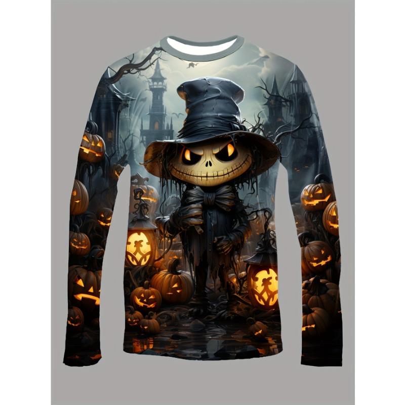 Men Long Sleeve T‑Shirt Scarecrow Pumpkin Castle 3D Print Halloween Party Gothic Casual Top