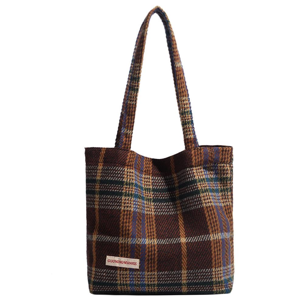 Japanese Retro Plaid Autumn Winter Tote Bag for Girls Students Handbag Korean Version Large Capacity Versatile Shoulder Bag