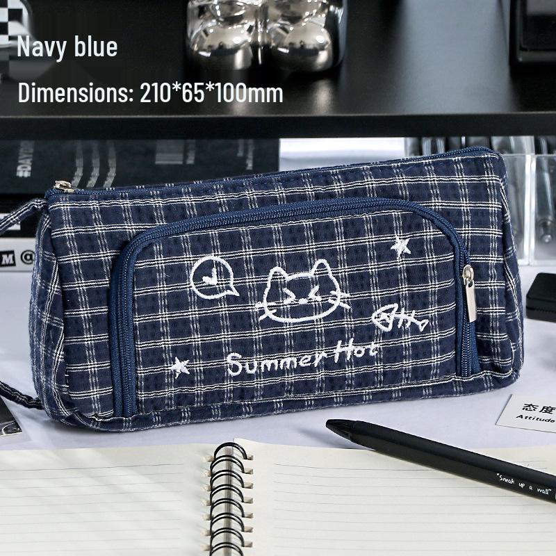 Plaid Kitten Large Capacity Embroidered Cartoon Cat Pencil Case with Zipper