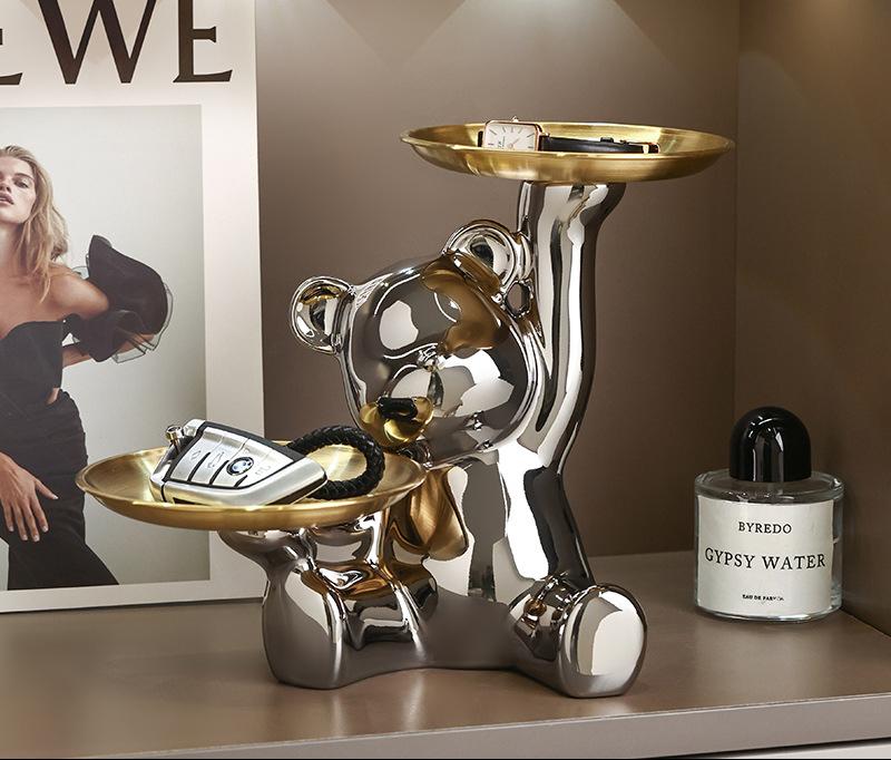 

Adorable Bear Double Tray Statue Cute Holder for Jewelry Keys Desk Organizer with Dual Trays Charming Home & Office Decor Gift срібний