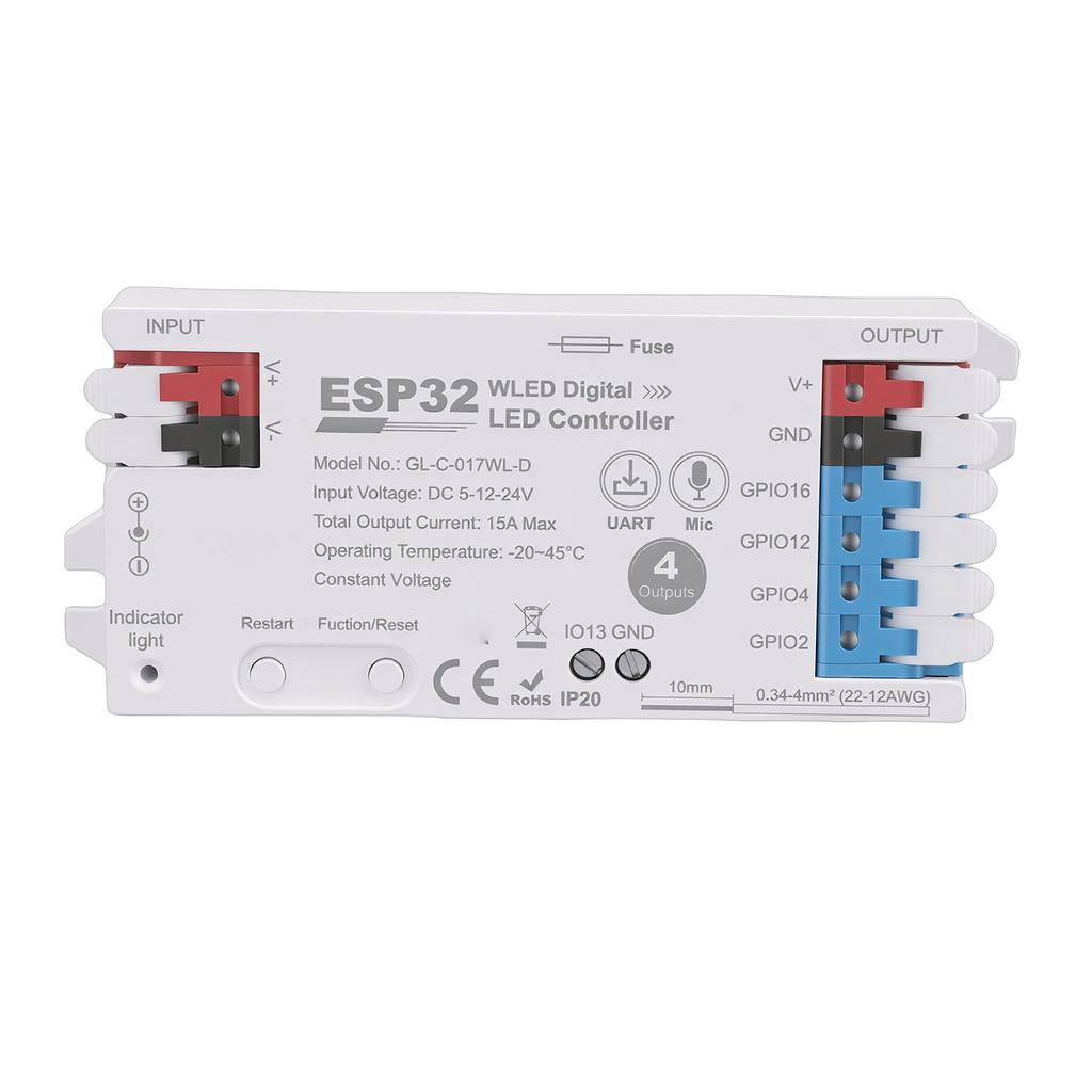 Digitaler LED-Streifen-Controller mit Mikrofon 15A Sicherung Typ C UART Download-Port Bis zu 800 LED-Perlen anschließbar 4-Kanal-Ausgang