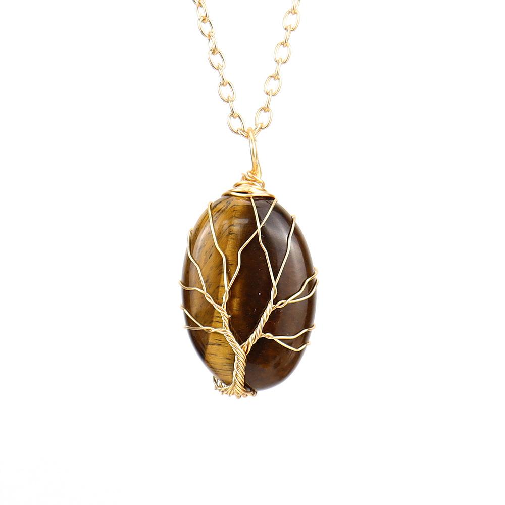 Silk Natural Crystal Rough Stone Egg-Shaped Gold Winding Tree Of Life Pendant Necklace N644