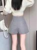 Women's Gray Retro Woolen Booty Shorts - Autumn/Winter Casual Straight Wide Leg Pants