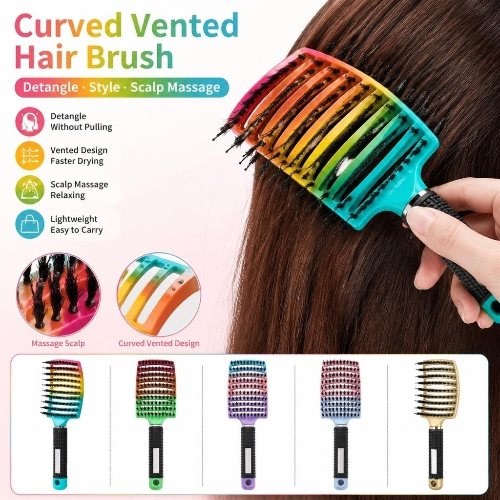 Wide Tooth Vent Hair Brush for Volumizing Styling Detangling Long Hair Home Use Scalp Massage Large Curved Comb for Women Men