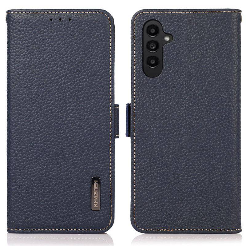 

KHAZNEH For Samsung Galaxy A15 4G Case Genuine Cow Leather RFID Blocking Phone Wallet Cover Blue