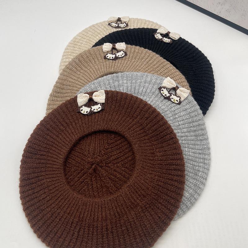 Japanese Cute Cat Knitted Beret Female Artistic Retro All Match Show Face Little Cloud Painter Hat Octagonal Hat