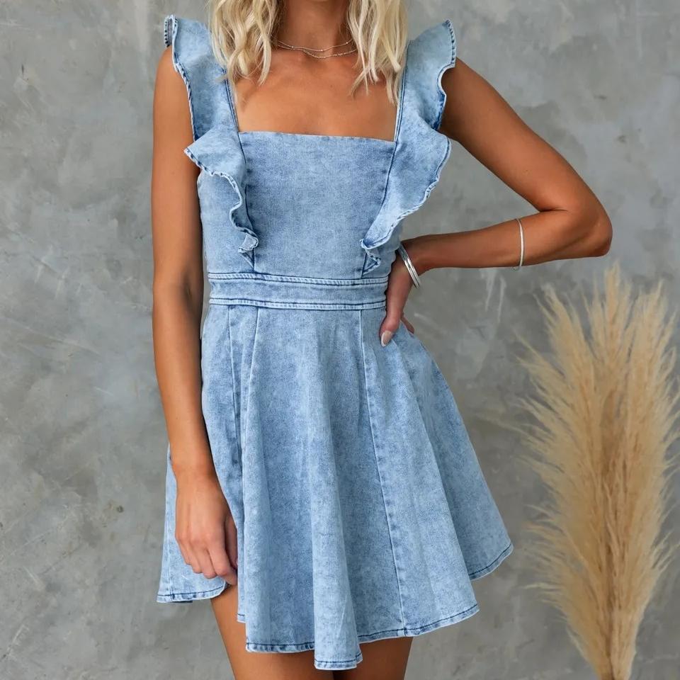 

IHUASU Женское летнее модное повседневное джинсовое платье с рукавами-крылышками и открытой спиной L светло-синий