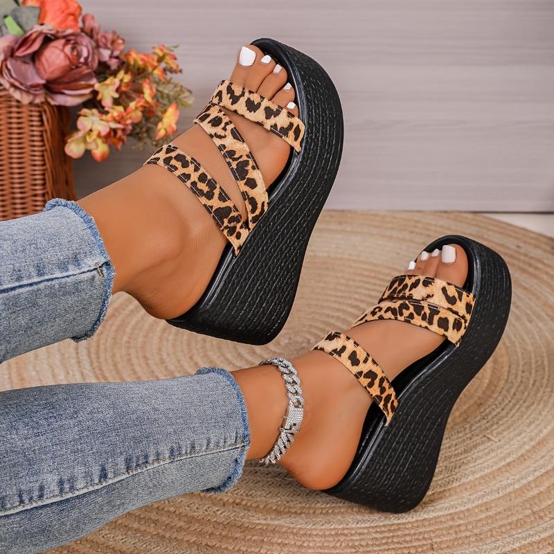 [Leopard Wedge Sandals] Elegant Leopard Print Wedge Sandals | Women's Fashionable Slip-On Thick Sole Platform Heels with Ankle Strap, Summer Style,
