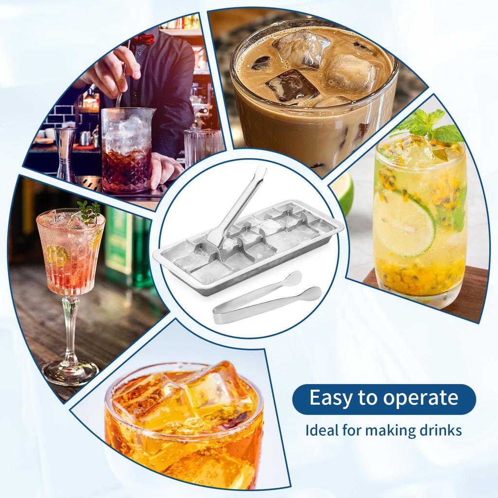 2Pcs Stainless Steel Ice Cube Trays with Lever 18/8 Metal Freezer Mold 18 Slots Reusable Bar  Kitchen Cocktail Ice Maker with Clips