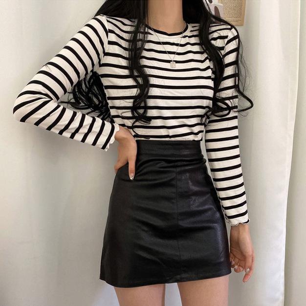 2024 Korean Style High Waist PU Leather Short A-line Skirt - Slimming Black Hip Wrap for Women