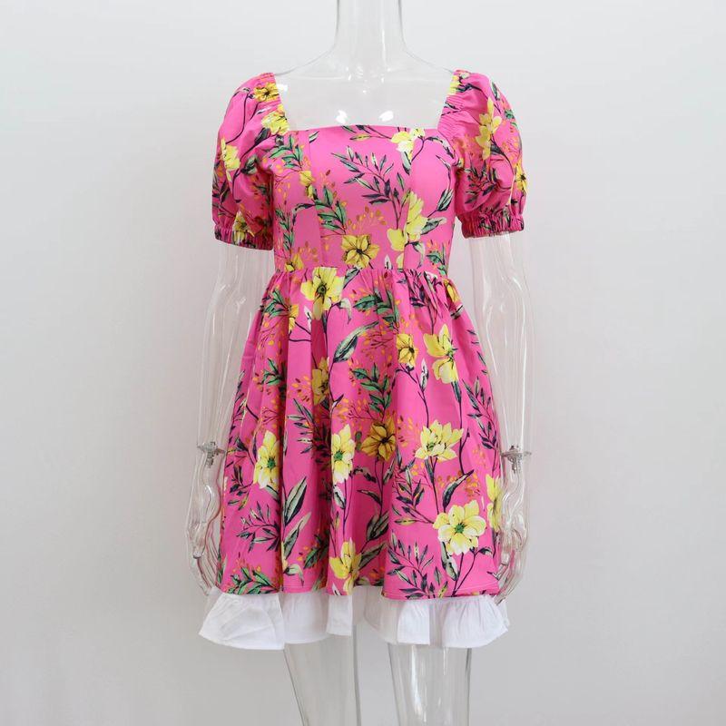 

European and American Sexy Square Collar Floral Dress Bohemian Vacation Short dress Sexy Square Neck Dress Rose Red M