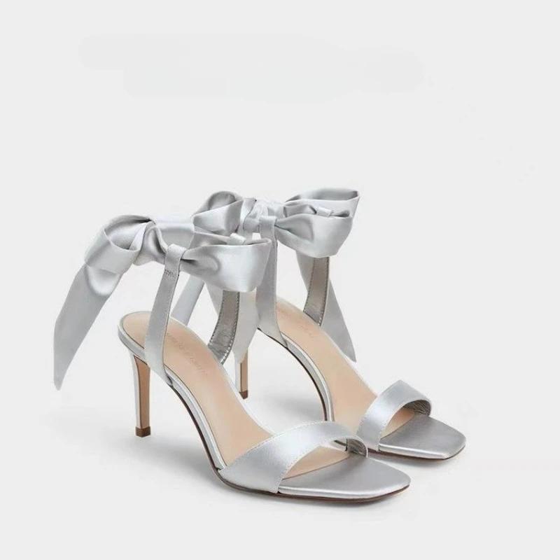 Fashion French Fairy Wind with Sandals Women 2025 Summer New Open Toe Square Thin Head with Bow Satin Fashion High Heels