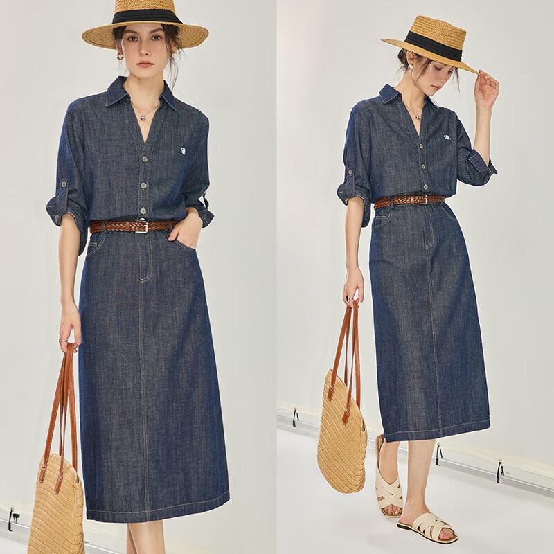 Women s V-Neck Belted 3/4 Sleeve Linen Blend Denim Dress L