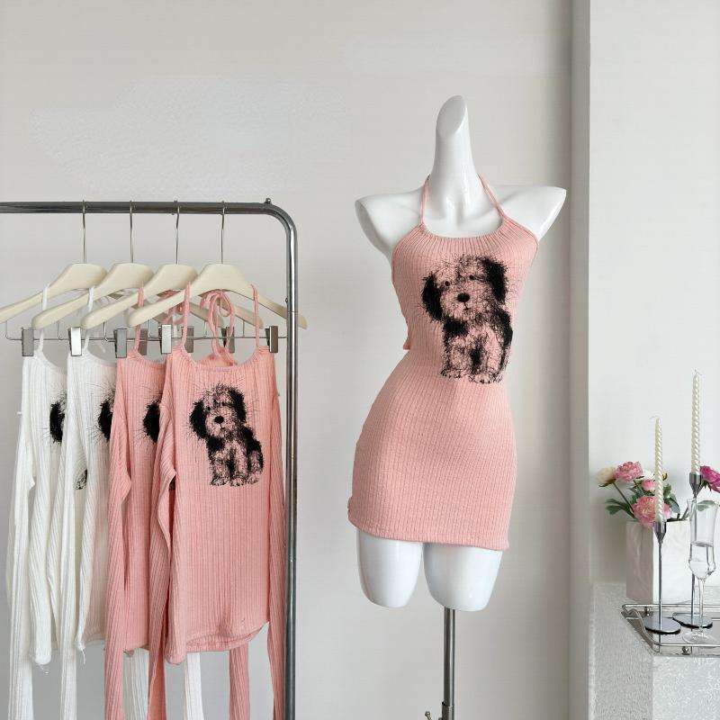 

Японское мини-платье Kawaii, женское повседневное винтажное трикотажное платье Y2k, вечерняя одежда, офисная женская облегающая одежда без рукавов M розовый