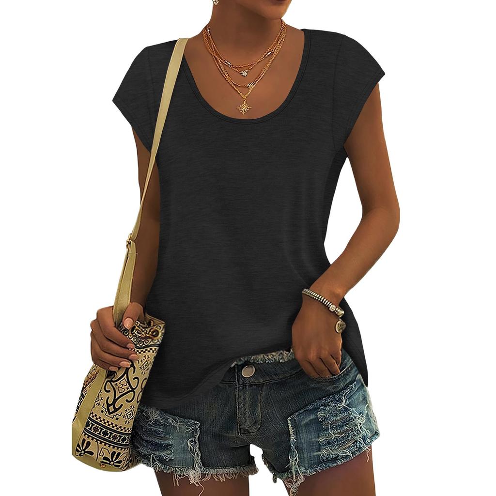 Women's Fashion Casual Slim Fit Waist Cap Sleeve Round Neck T-Shirt Top