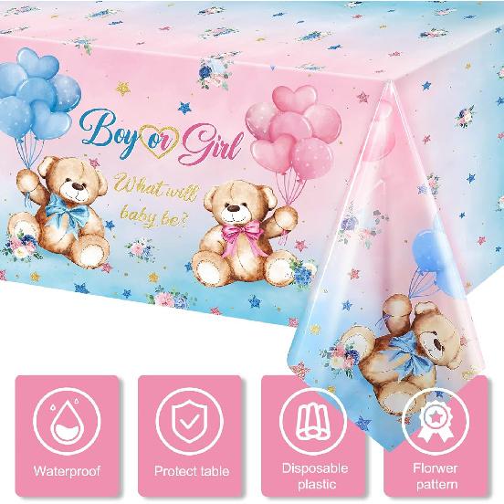 Capoda 3 Pcs Bear Baby Shower Tablecloths Gender Reveal Table Covers Rectangle Plastic Bear Table Cloths for Baby Shower Gender Reveal Party
