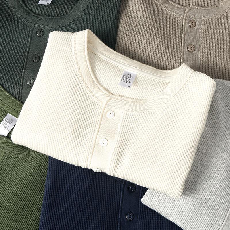 Męska koszulka z długim rękawem Henley Waflowy splot Ciężka Slim Fit Codzienna Vintage Wiosenna Warstwa bazowa Góra