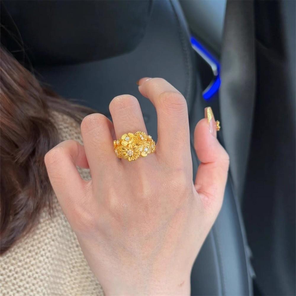 Glittering Rhinestone Accent Ring Sand Gold Gold Plated Ring Elegant Floral Adjustable Ring  Daily