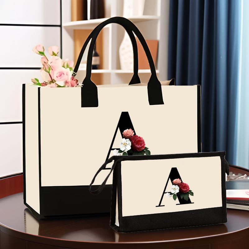 Canvas Shoulder Bag Makeup Set with Color Block Print & Portable Zipper Clutch