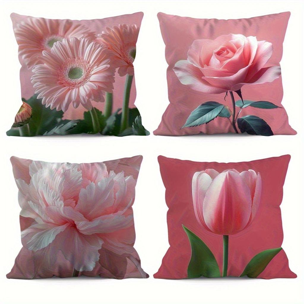 Pastel Pink Floral Pillowcase (Gerbera/Rose/Peony/Tulip): Romantic Botanical-Themed Cushion Cover For Home Sofa Decor