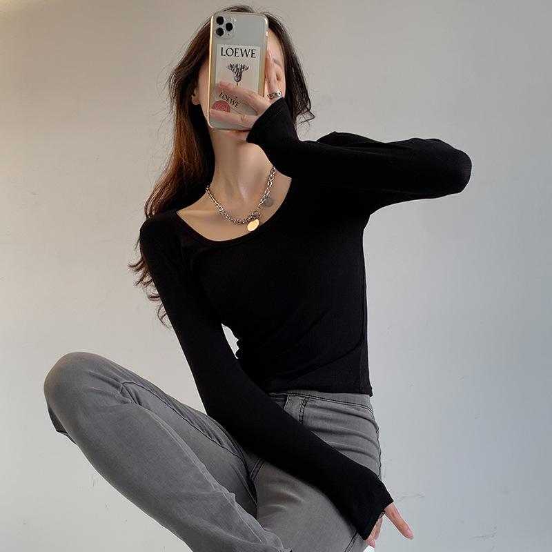 

New Korean Version Spring and Summer Design Sense Versatile Foreign Style Autumn and Winter Polished Long-sleeved T Crew Neck Slim Top XL темно-сірий