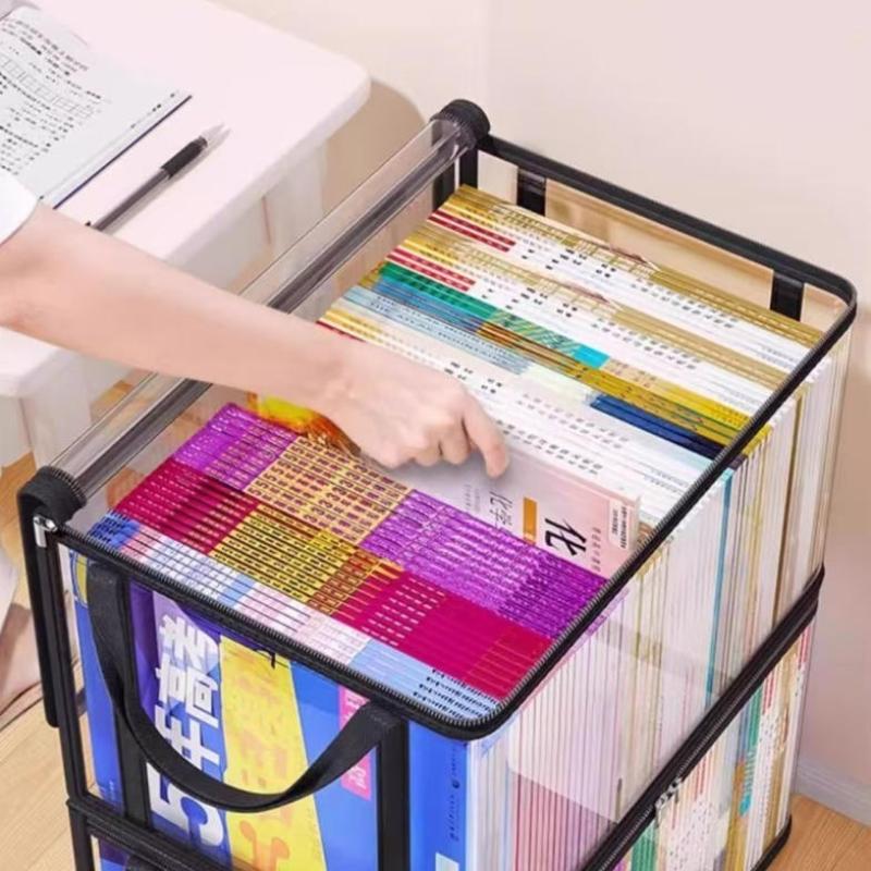 2/3Pcs Transparent Book Storage Bag With Handle Dustproof Waterproof Organizer Stackable Storage Box For Books Clothes Organizer